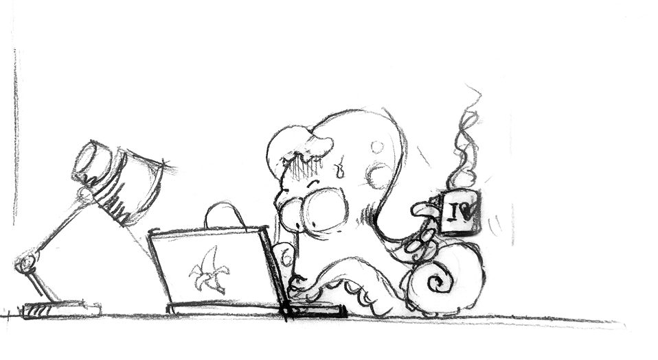 Pulpo trabajando con su portátil y un café