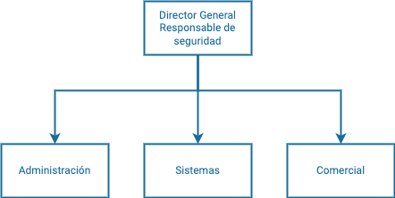 Organigrama: del Director General, Responsable de seguridad, dependen Administración, Sistemas y Comercial.
